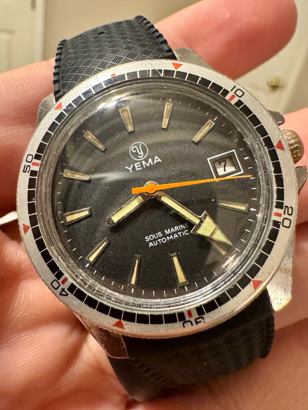 Vintage Yema Sous Marine Automatic Diver Watch - Black Dial with Orange Seconds